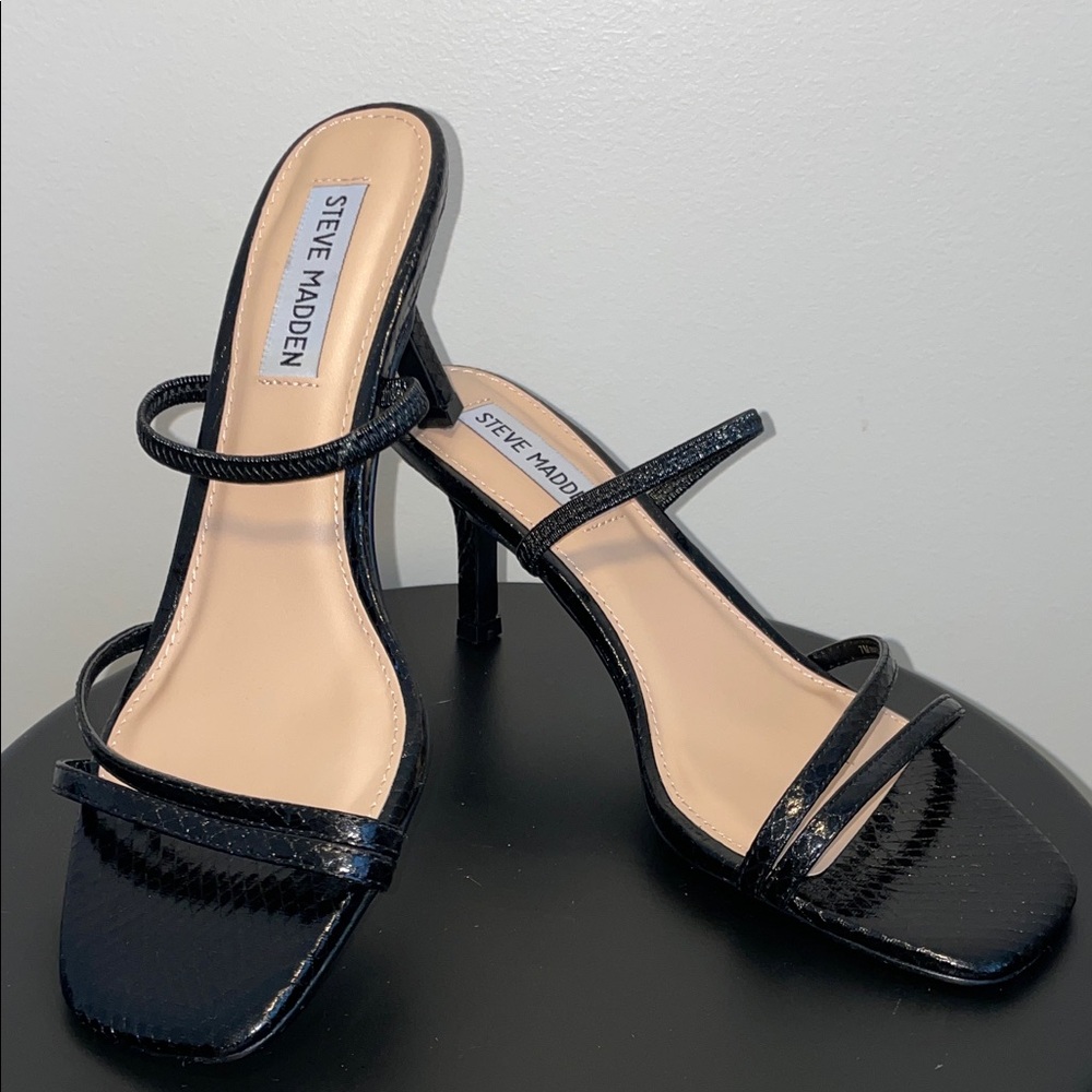 Steve Madden Glossy Black Strappy Heels